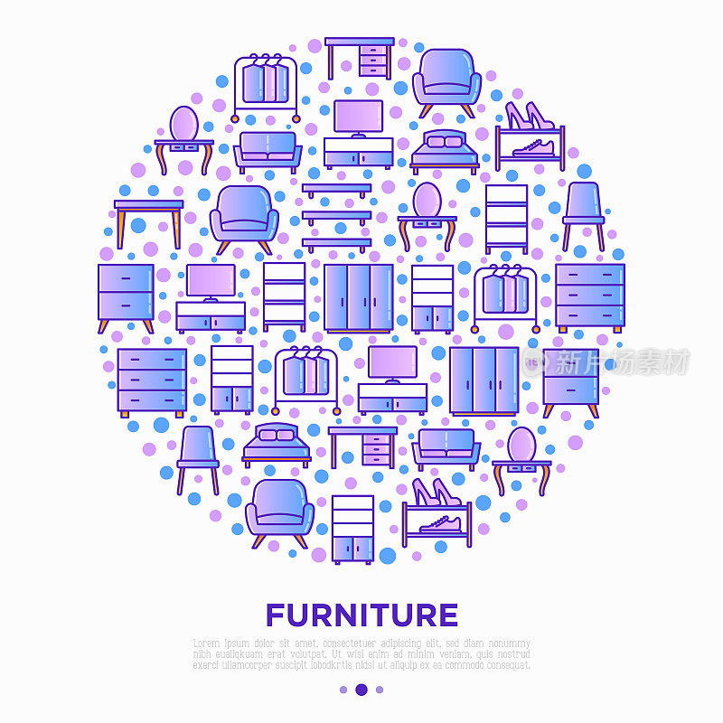 Furniture concept in circle with thin line icons: dressing table, sofa, armchair, wardrobe, chair, table, bookcase, bad, clothes rack. Elements of interior. Vector illustration, print media template.